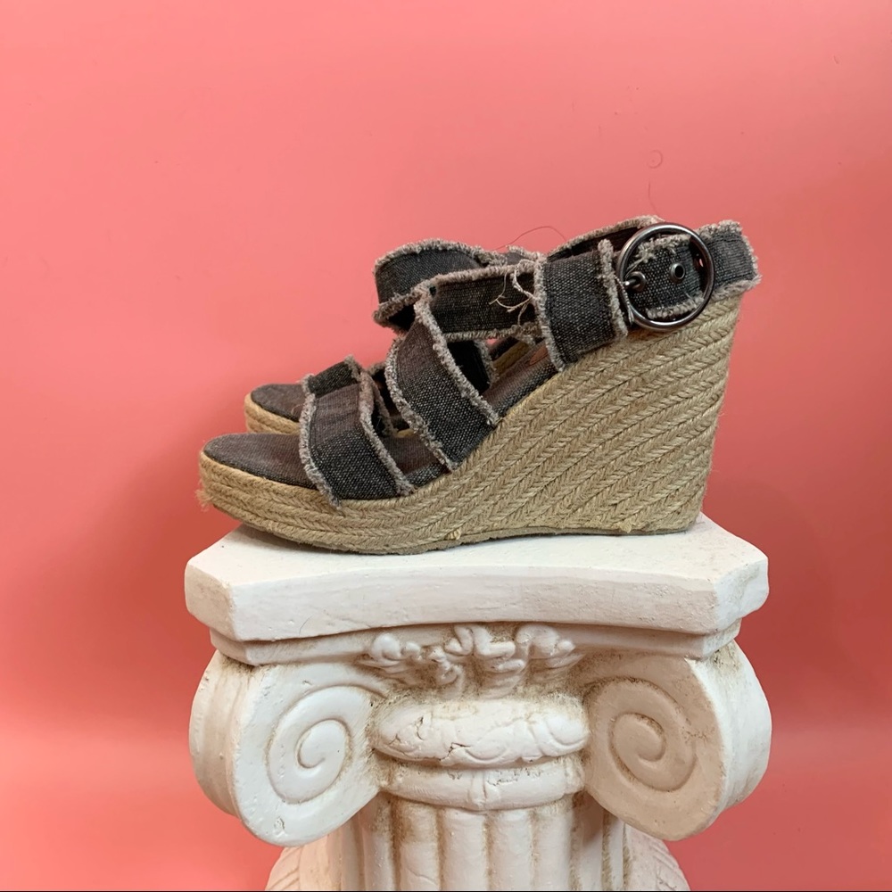 Espadrille Wedge Frayed Denim Strappy Buckle